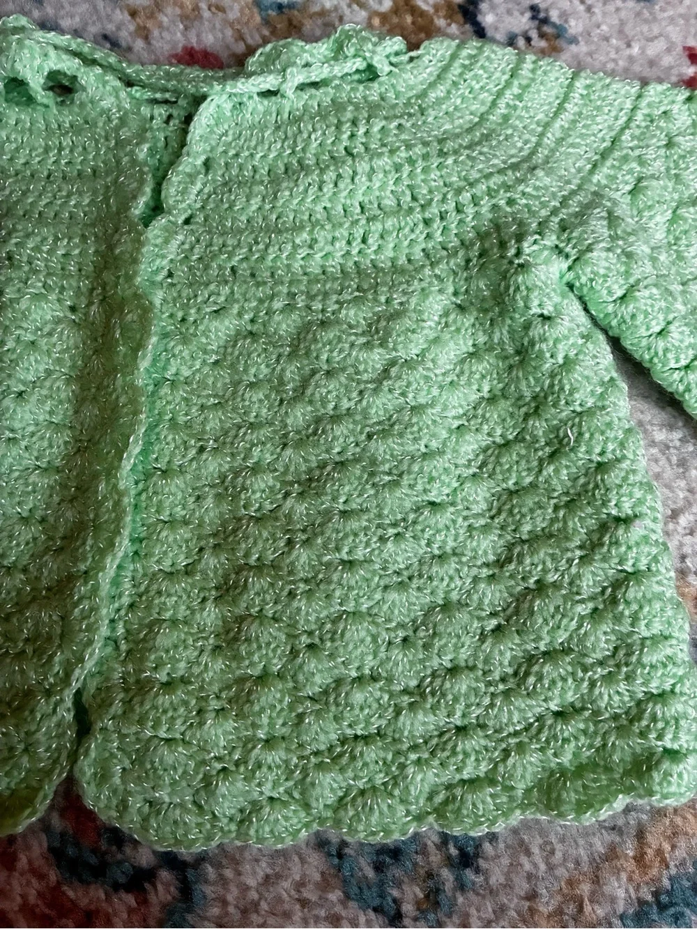 Child's Hand-Knit Light Green Cardigan & Bonnet Set (3-6 months)